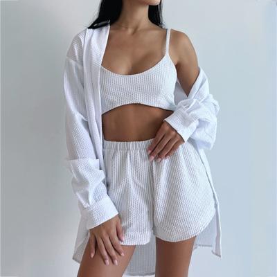 Summer Ladies Casual Three Piece Solid Color Suspender Shorts Long Sleeve Shirt Set Elegant And Comfortable