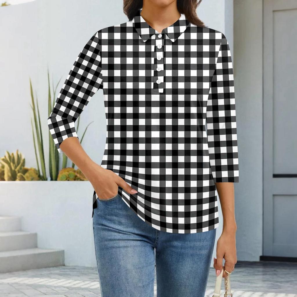 Dámská móda Ležérní klopa Krátký 3/4 rukáv Potisk Košile Dámské zapínací topy