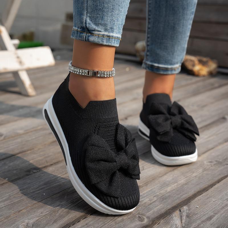 Fashion Mid-heel Flat Single Shoes New Summer Round Head Deep Mouth Net Fabric Butterfly Knot Soft Sole Non-slip Cloth Shoes