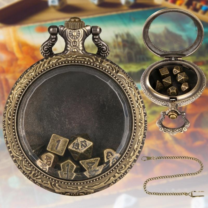Unique Pocket Watch Case with 7pcs/set Metal Polyhedral Dices Pendant Delicate Pocket Watch for Gamers and Collectors
