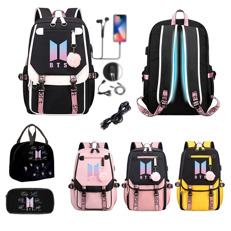 Uroczy plecak BTS z tkaniny Oxford z ładowaniem USB, idealny dla uczniów szkół podstawowych i średnich, pojemność 20-35 l