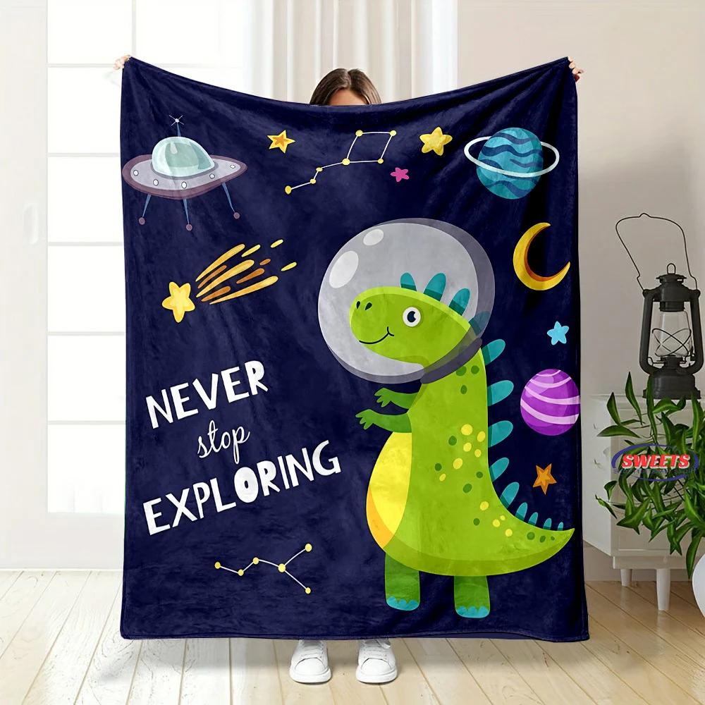 Cartoon Dinosaurier Weltraum Muster weiche Flanelldecke für Bett Schlafzimmer Sofa Picknick, Warme Überwurfdecke zum Zudecken Outdoor Freizeit Nickerchen