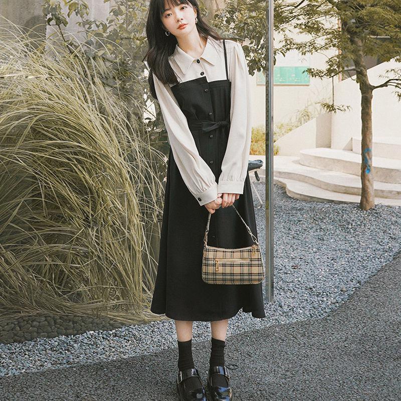 Spring and Autumn Temperament Fake Two Piece Skirts Academy Style Long Sleeve Medium Length Waist Slim Shirt Dress