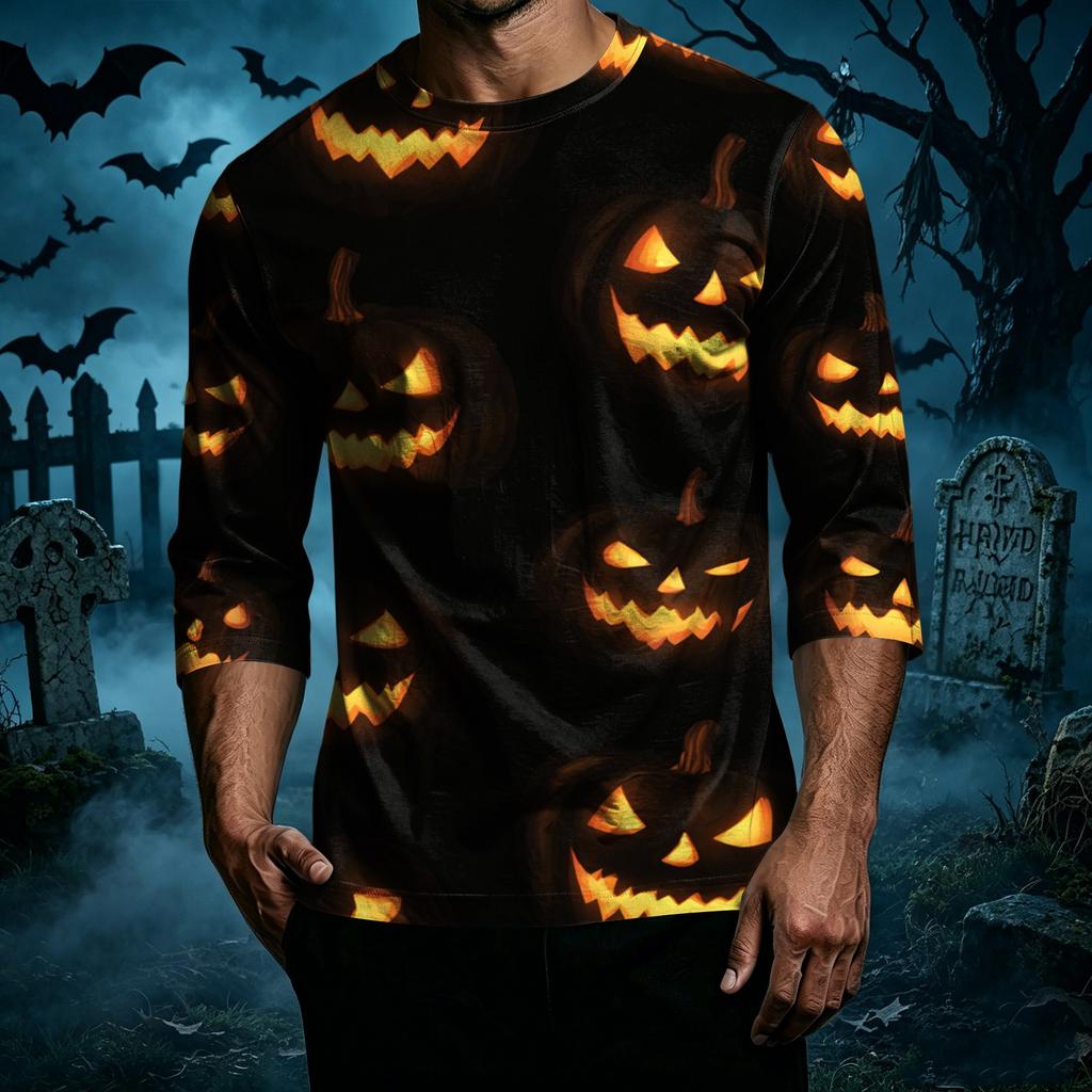 Men's Casual Halloween Printed Crew Neck T Shirt Three Quarter Sleeve Top Suitable for Seasonal Wear and Everyday Use