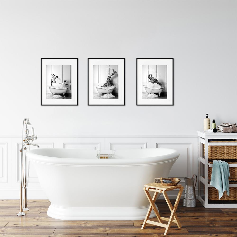 Black White Animals In Tub Canvas Posters and Print Penguin Elephant Zebra Giraffe Wall Art Painting Pictures For Bathroom Decor No Frame