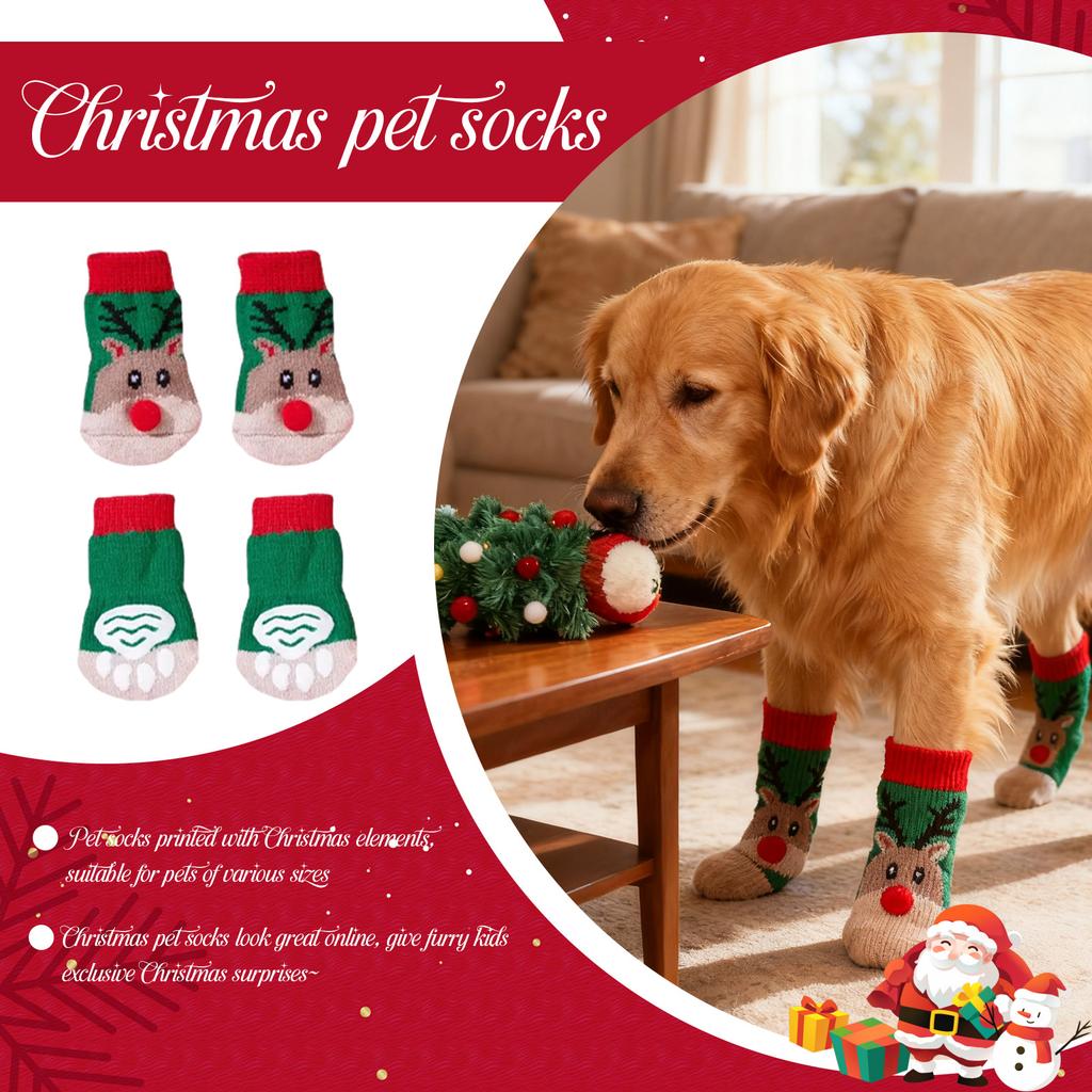 Pet Dog Socks Dog Limb Socks Cartoon Pattern Christmas Dog Socks Christmas Elk Cartoon Pet Socks Non-Slip Socks
