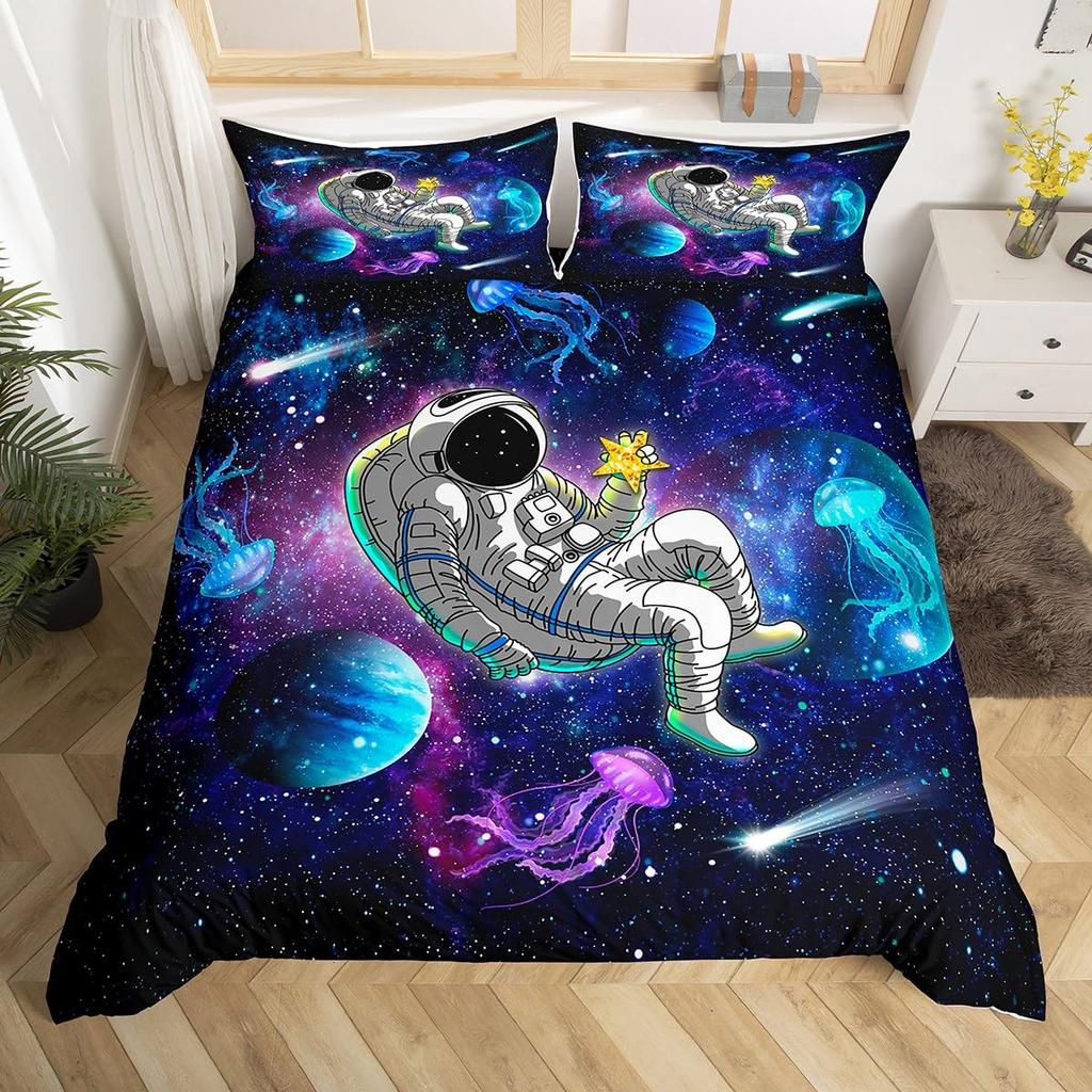 Astronaut Soft Duvet Cover Set Quen Sized Dimensions, Outer Space Beding Set 3pcs for Children Kids Young Girls Adult Peoples,Warm Comforter Cover