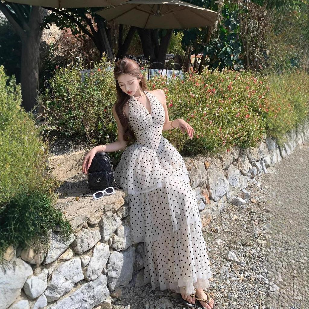 Women's French Style Halter V Neck Polka Dot Tiered Cake Midi Dress Slim Waist Summer Beach Vacation Elegant Party Dress