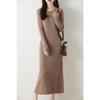 Women's Ribbed Wool Knit Dress - Slim Fit, Over-the-Knee, Half-High Round Neck, Long Sleeve