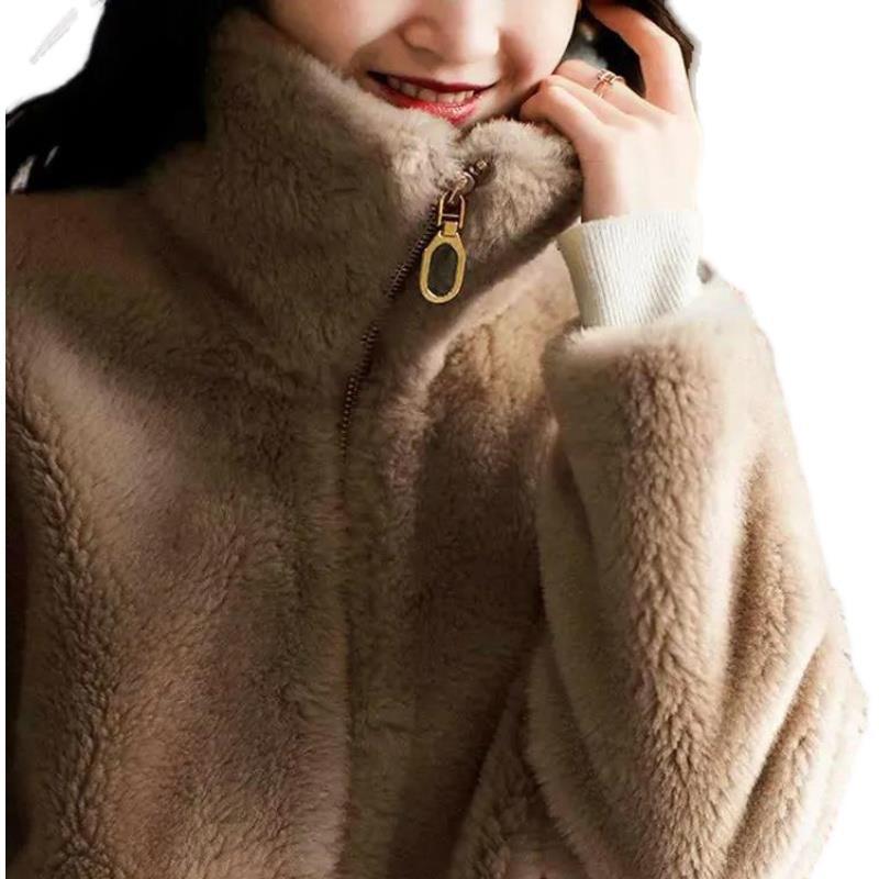 Thick quilted jacket, women's trendy insulated fleece sweatshirt, high neck, double-sided plush fabric with zipper closure, soft and warm