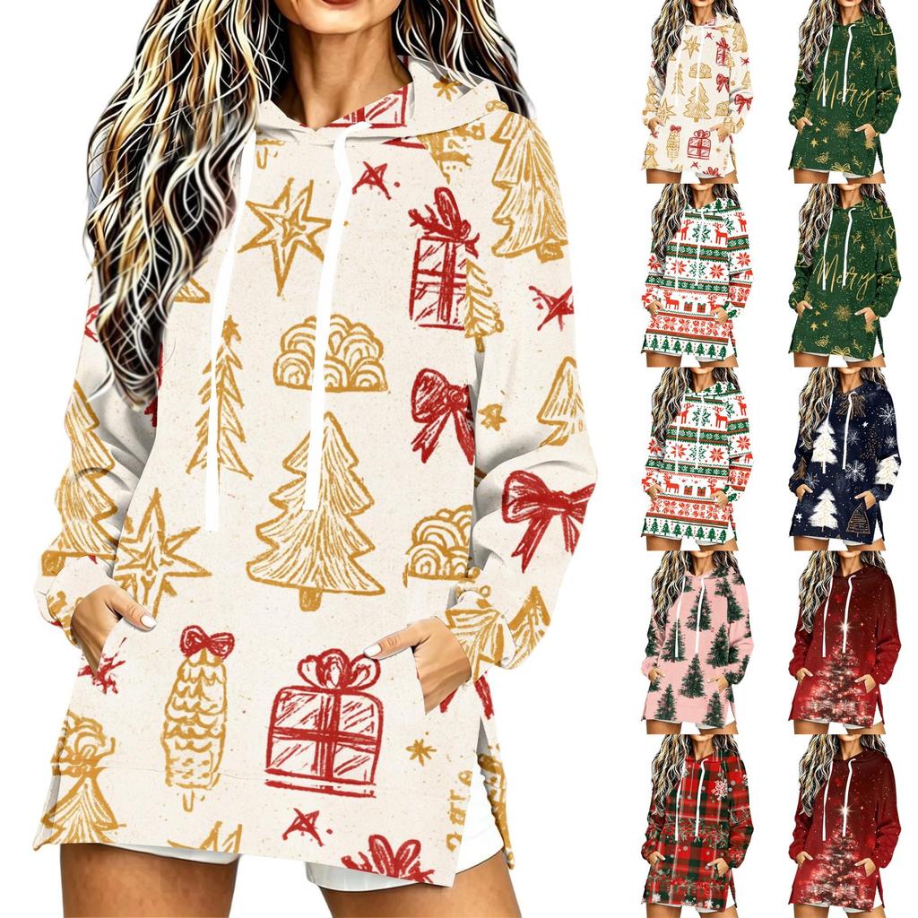 Women's Casual Christmas Print Long Sleeve Hooded Sweatshirt Top