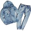 Cut Denim Set with Zip Hoodie and Jogger Pants and Sporty Top and Bottom Cut and Sewn Sweatshirt 26128 Size [slow&easy] (Casual Fashion) - Set,