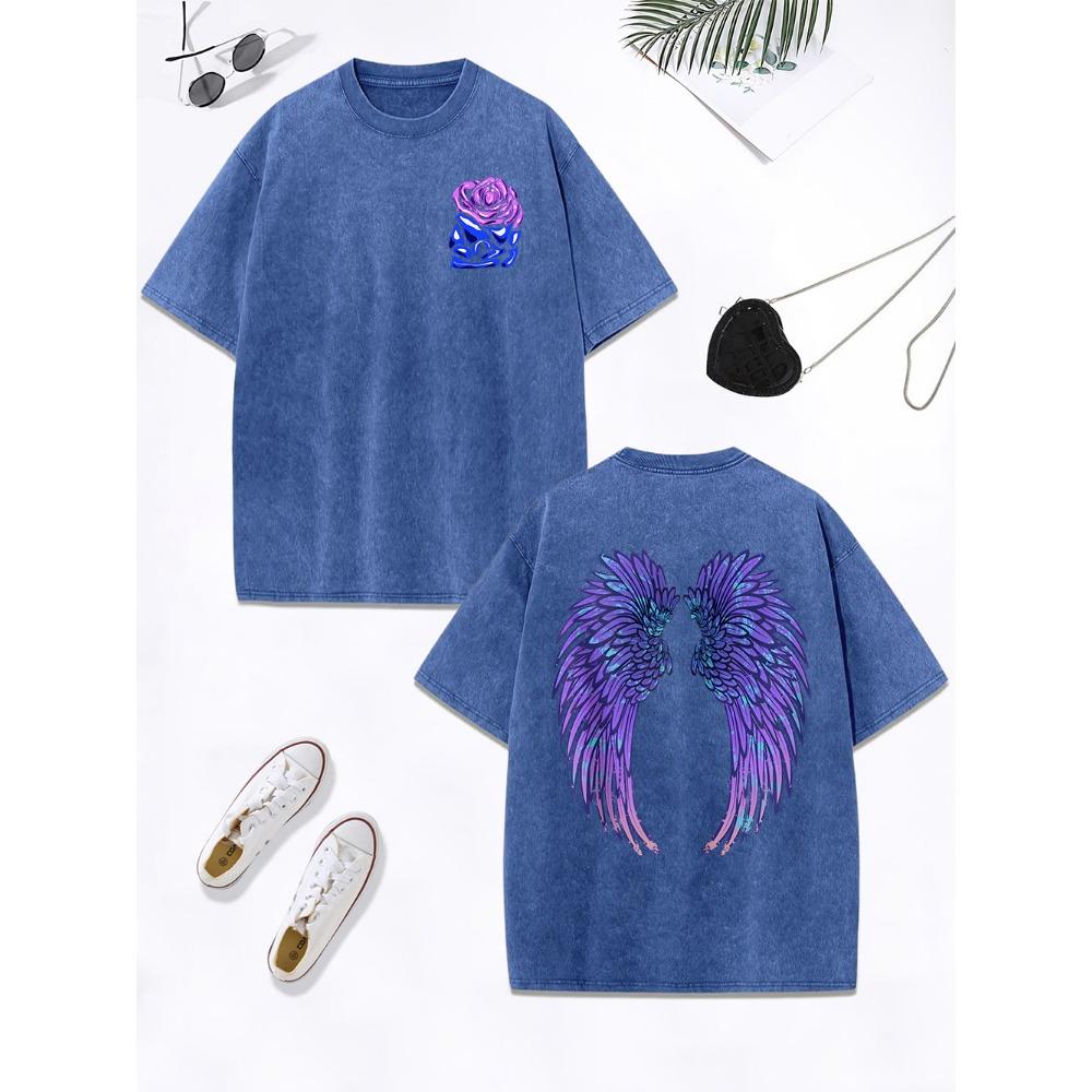 Cool Purple Creative Wings Rose Prints Washed T-Shirt Women Cotton Oversized T Shirt Distressed O-Neck Tops Clothes