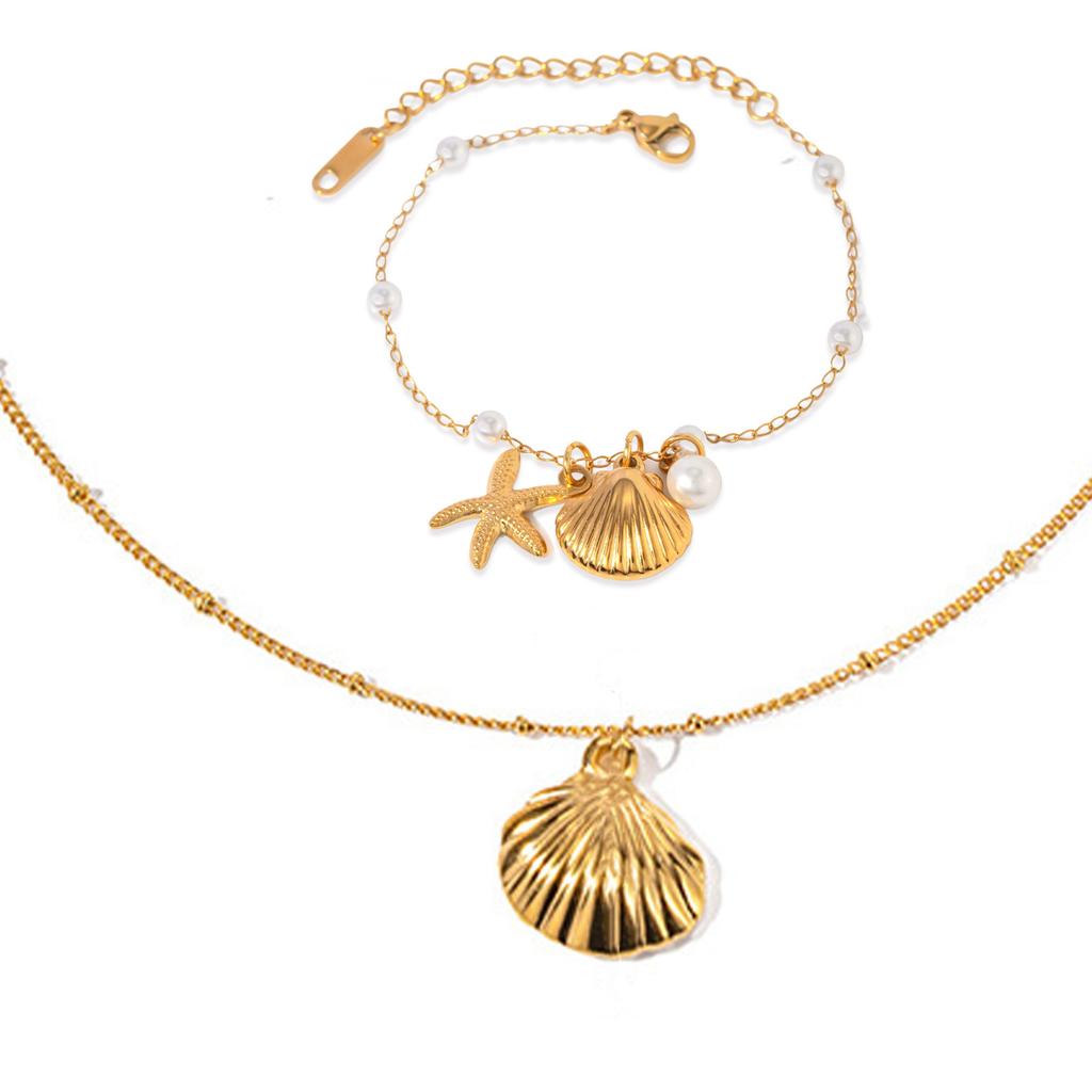 Starfish and Seashell Necklace Stylish Pendant Earrings Gold Sea Theme Jewelry Titanium Steel Texture for Any Occasion