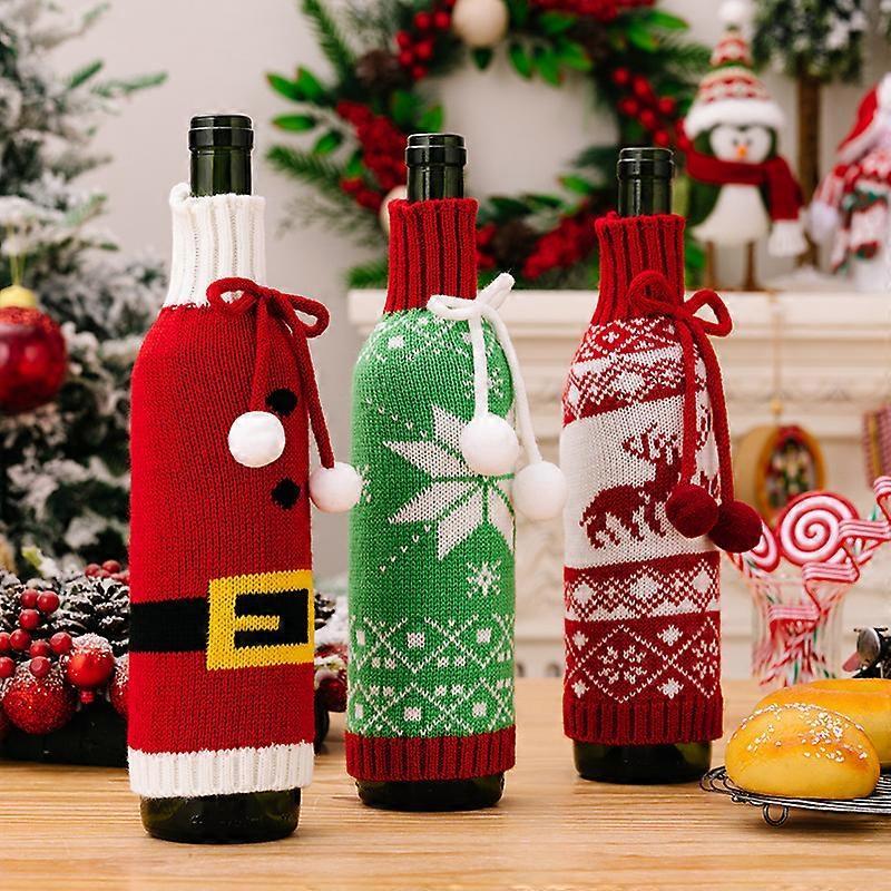 New Christmas decoration supplies knitted wine bottle cover woolen champagne wine cover Christmas snowflake wine cover 3PCS