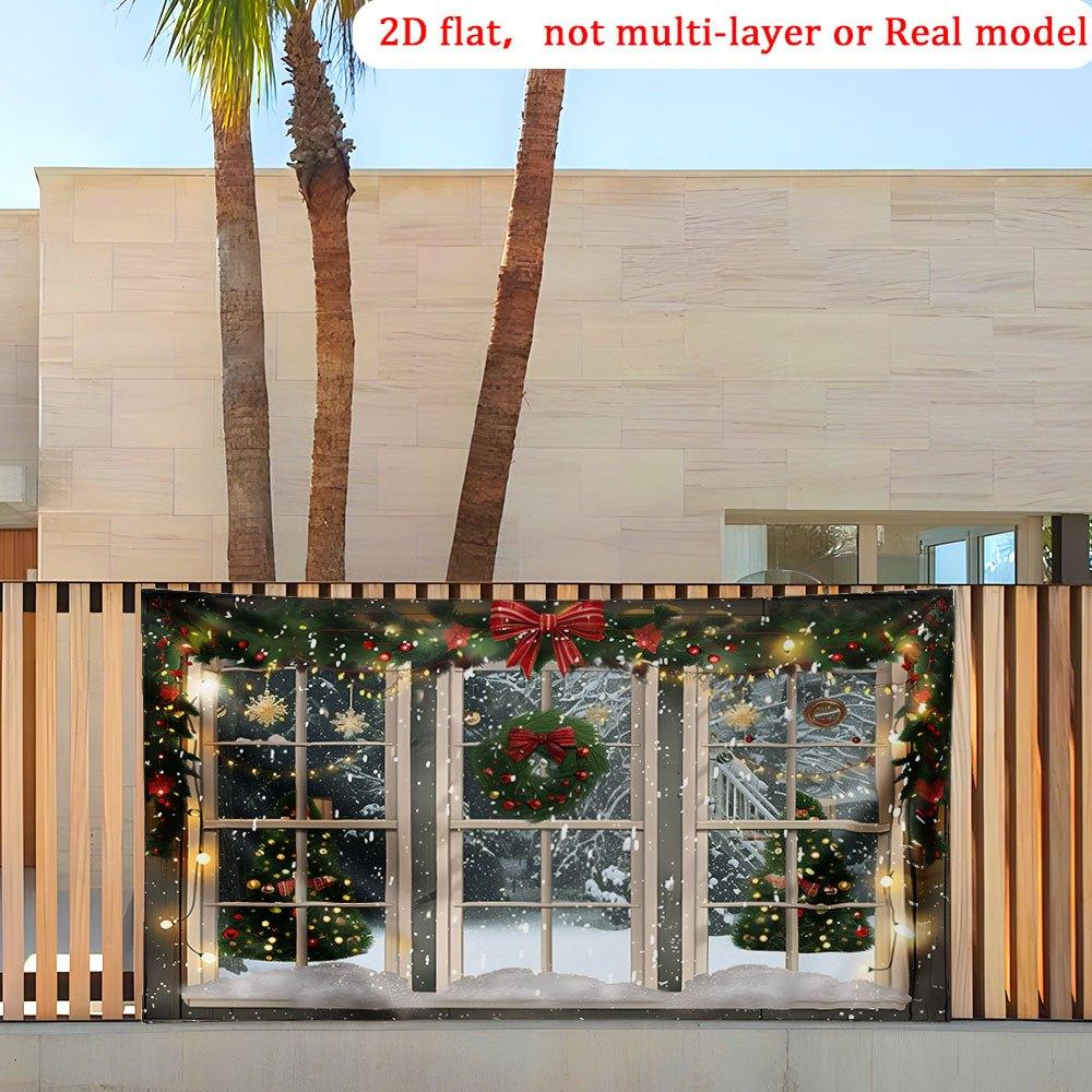 1 large Christmas wreath window view party banner - high-definition printed garage background with snow night scene