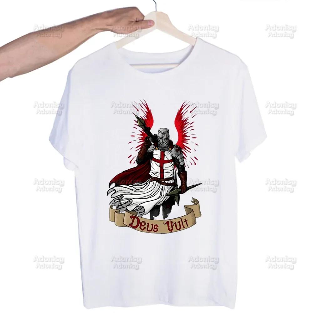 Medieval Knights Templar Printed T Shirt Men Retro Washed Tops Tees Harajuku Tshirt Streetwear Hip Hop Male T-shirts