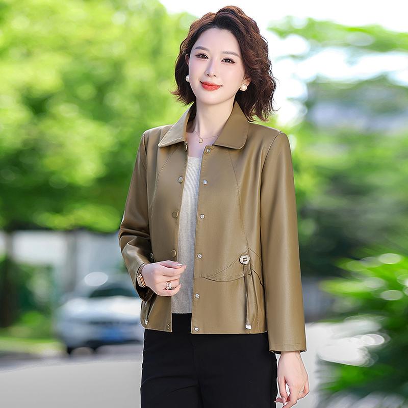 Stilvolle Faltenreduzierende Damen-Lederjacke mit kurzem Revers für Frühling und Herbst