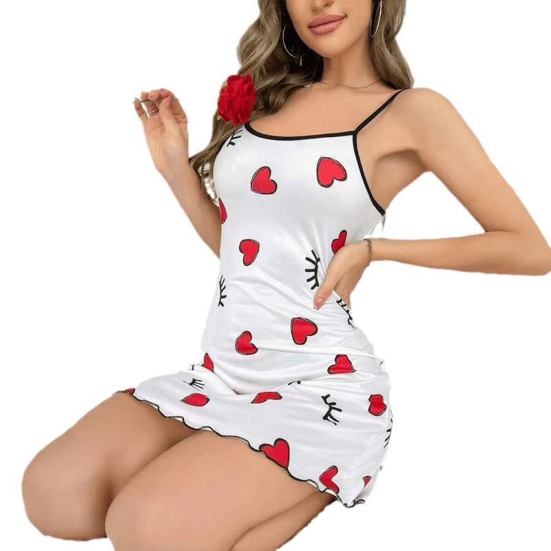 European & American Milk Silk Heart Print Sling Nightdress - Sexy Summer Loungewear for Women