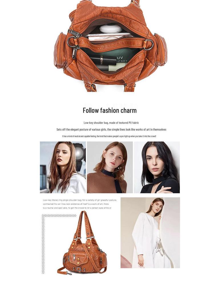 Women's Color Block Rivet Washed Leather Crossbody Handbag, Soft Leather, Large Capacity, Multi-Layer, Single Shoulder