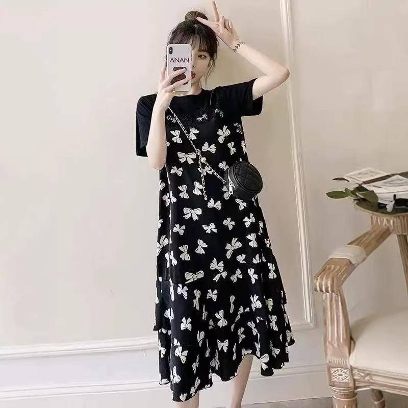 Summer Temperament Belly-covering Splicing Floral Dress Women's Large Size Fat Sister Loose and Thin Fake Two-piece Dress