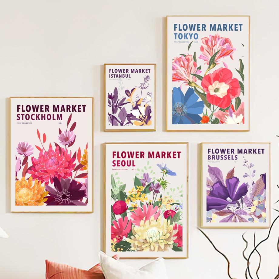Brussels Tokyo Copenhagen Flower Market Wall Art Canvas Painting Nordic Posters And Prints Wall Pictures For Living Room Decor