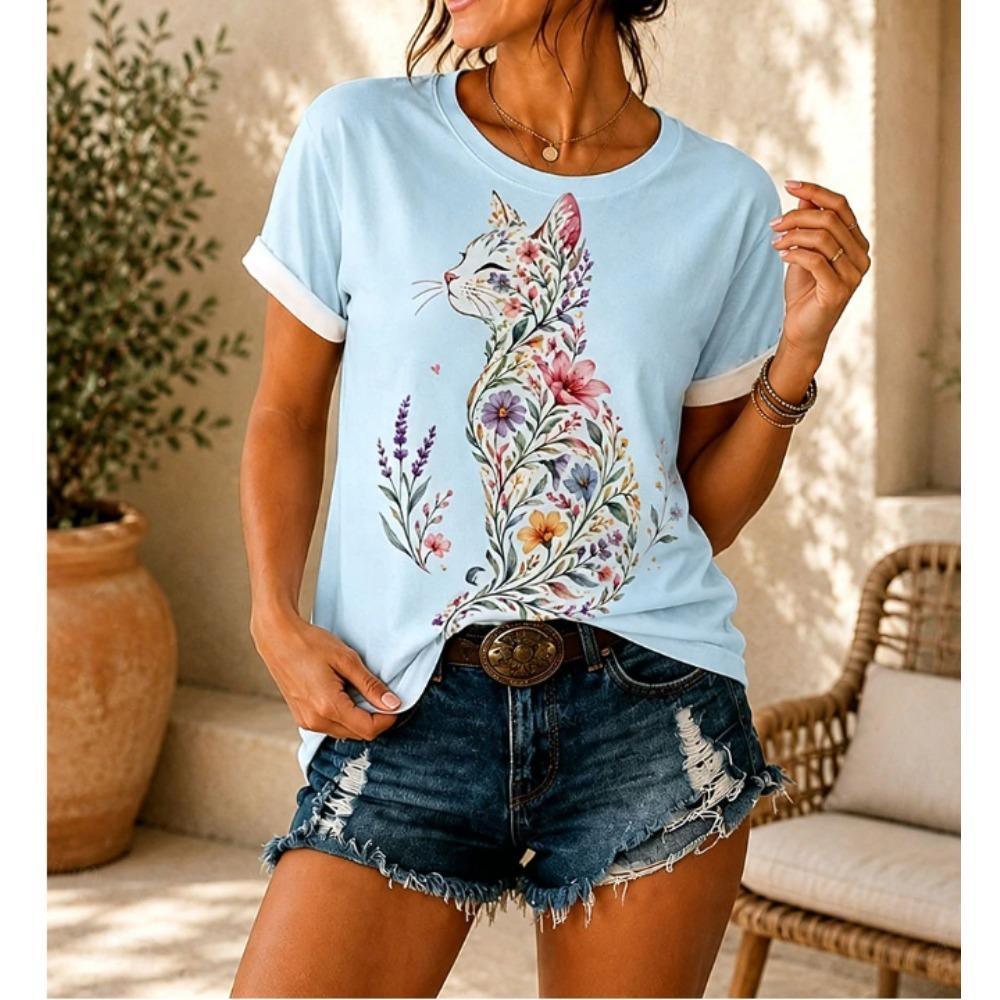 Fashion Women Retro Creative Cat Pattern Print T Shirt Funny Casual O-neck Short Sleeves T-shirt Summer Female Tee Shirt