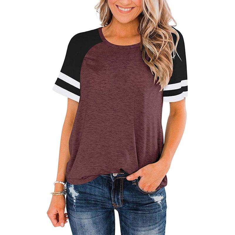 Women's Summer Fashion Large Striped Round Neck Contrast Panel Short Sleeve T-shirt Top
