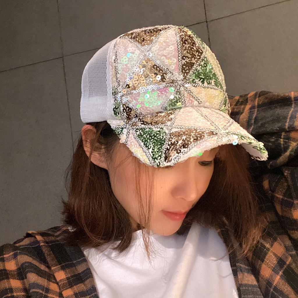 Fashion Ladies Mixed‑Color Sequin Trucker Cap, Geometric Lattice Mesh Back Peaked Hat, Adjustable Sun Protection Baseball Hat for Vacation Club
