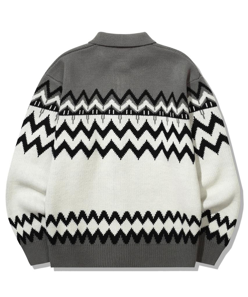 TRILLION Washable Nordic Jacquard Collar Neck 2-Way Zip-Up Knit [Gray]