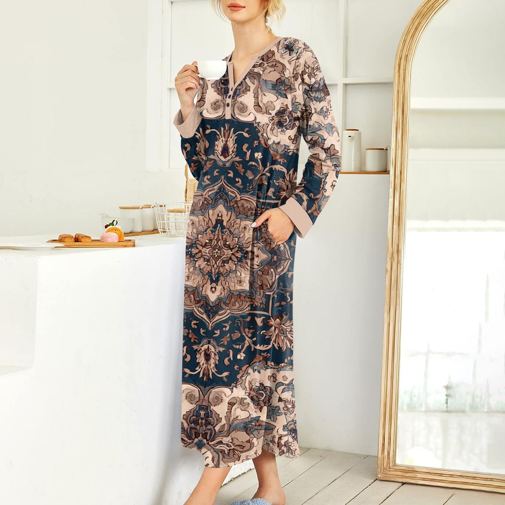 Women's Nightgown Long Loungewear V-neck Nightdress With Pockets