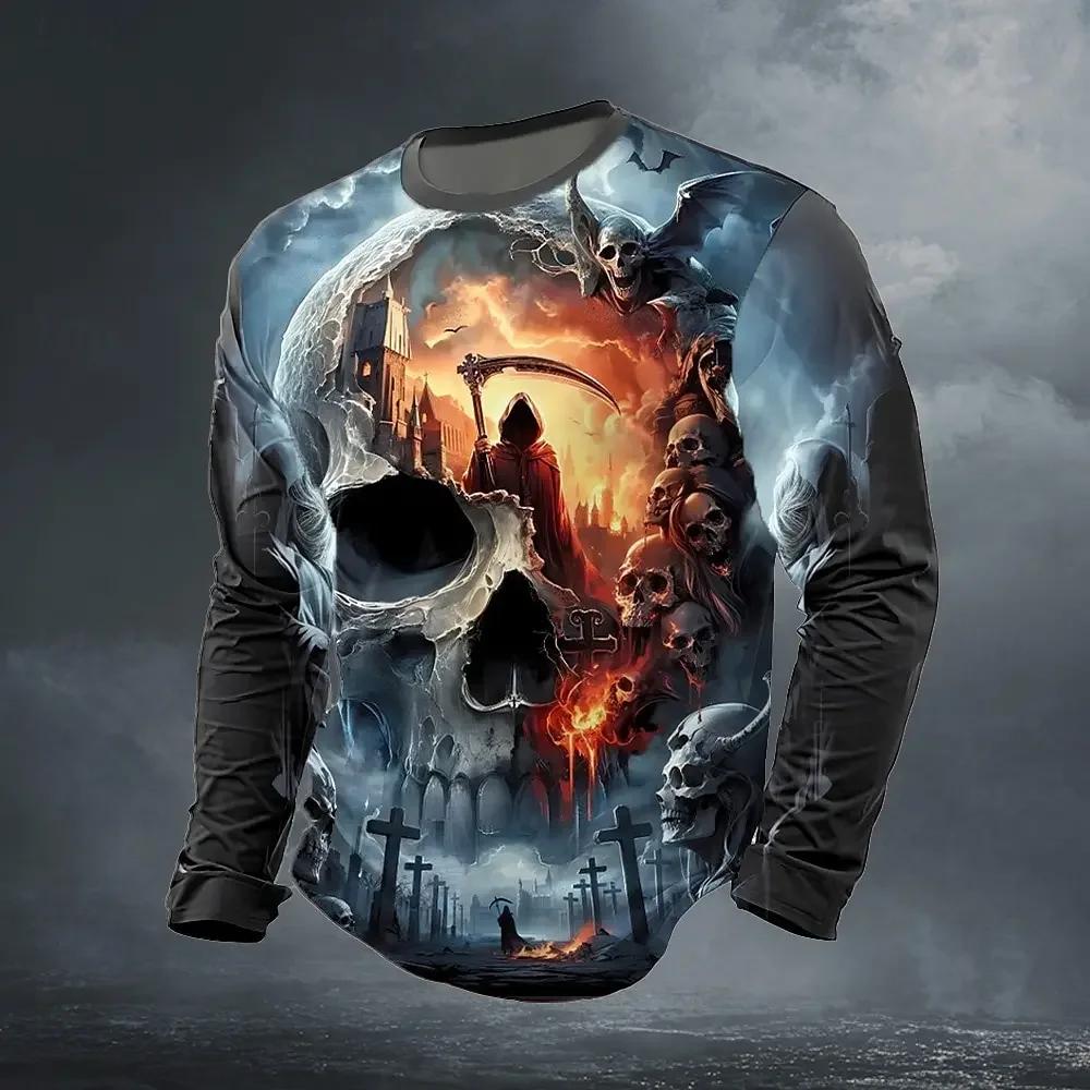 New Men's Autumn Round Neck Long Sleeve T-shirt Retro Skull 3D Pattern Print T Shirts Casual Fashion Tops Men's Clothing Tees