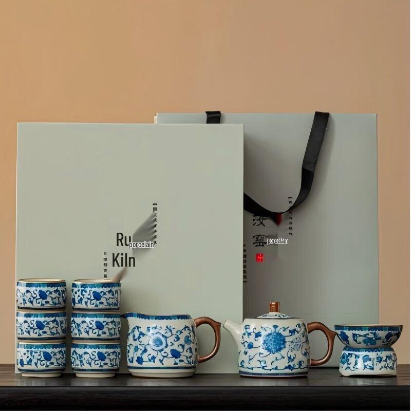 Tao Ding Xuan Floral Blue & White Ru Kiln 10-Piece Tea Set