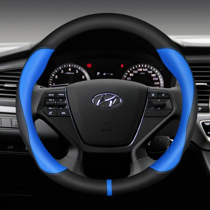 For Hyundai I40 I30 I10 Ix35 Ix25 Tucson Accent Elantra Santa Fe Creta Solaris Kona 37-38cm Car Steering Wheel Cover PU Leather