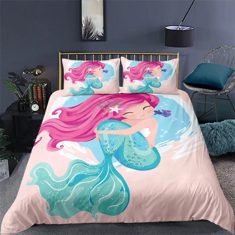 Cute Cartoon Mermaid Duvet Cover Twin Queen Ocean Themed Bedding Set Mermaid Princess Comforter Cover For Kids Girls Room Decor