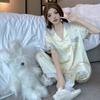 Bubble Bear Ice Silk Pajamas Women'S Spring And Summer Short-Sleeved Cardigan Casual Loungewear Three-Piece Set