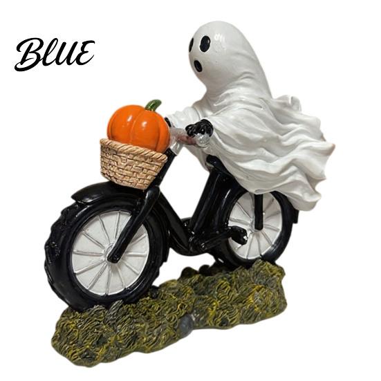 Detailed Resin Ghost Figurine Halloween Riding Motorcycle Figurine Novelty Rider Artistic Craft Statue with Pumpkin for Indoor Home Desk Tabletop