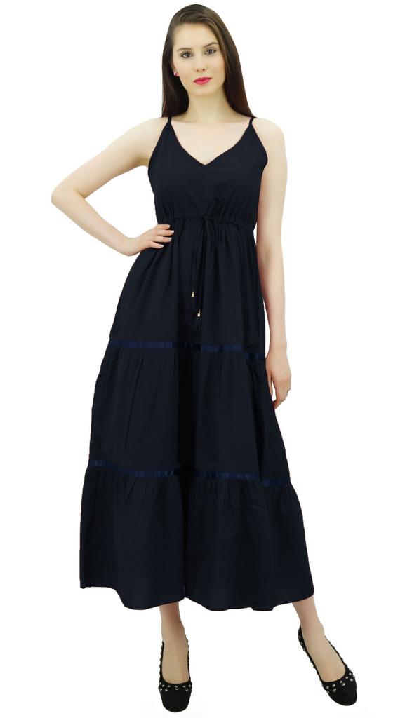 Bimba Women's Sundress Long Maxi Drawstring Waist Spaghetti Strap Dresses