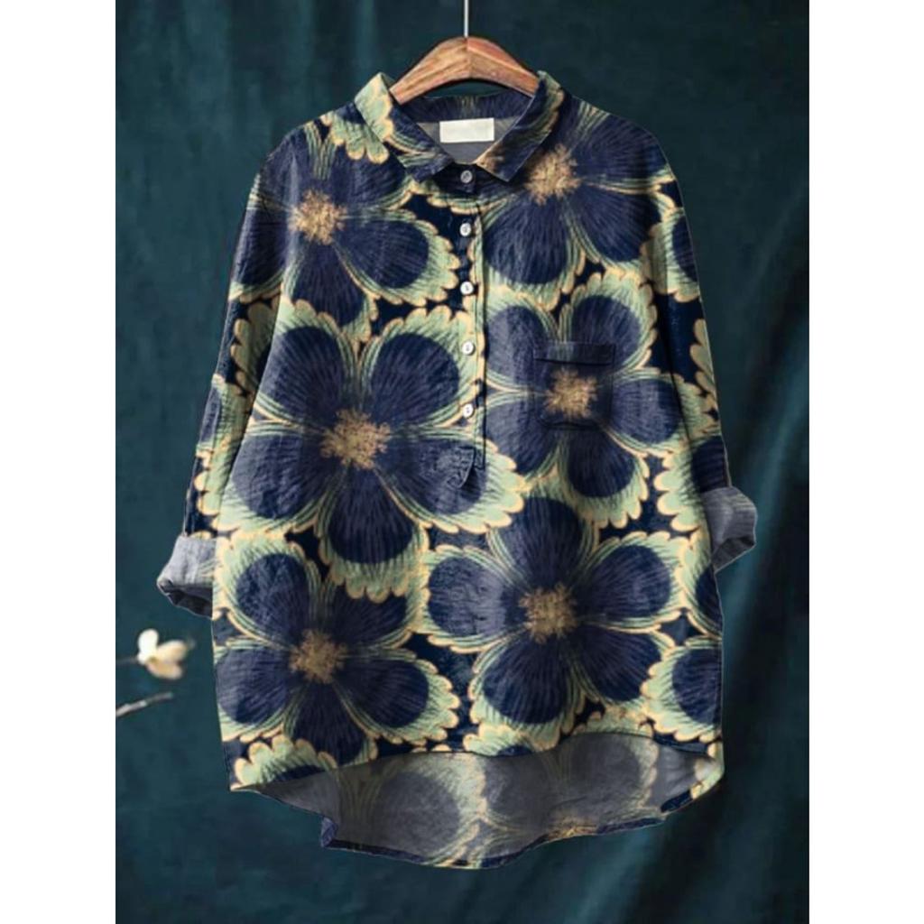 Women's Turn Down Collar Long Sleeve Floral Print Shirt Loose Fit Elegant Casual Blouse