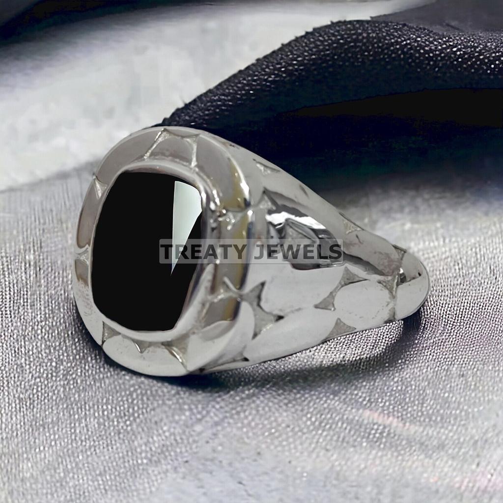 Black Onyx Cushion Cut Gemstone With 925 Sterling Silver Ring For Men's #237 JL375576966711