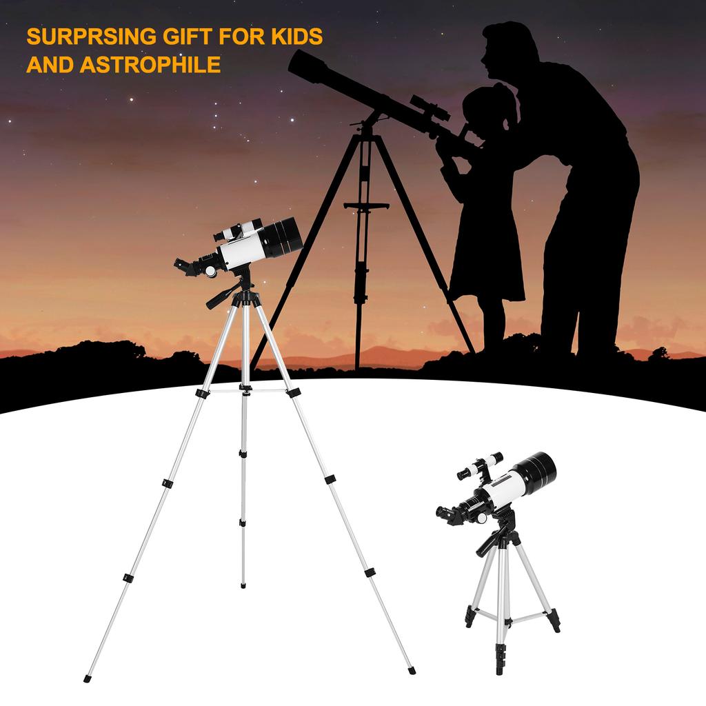 70mm Astronomical Telescope 150X High Power Monocular Telescope Refractor Spotting Scope with 5*24 Finder Scope Tripod Moon Filter 3X Barlow Lens for