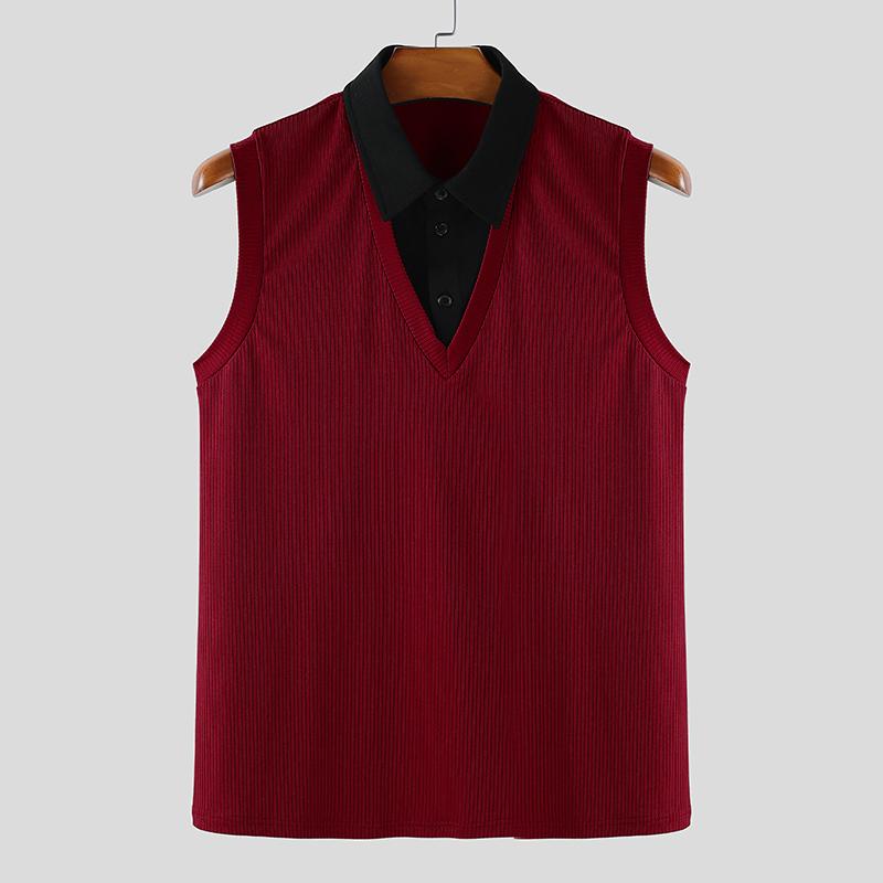 

INCERUN Men Lapel V Neck Sleeveless Stitching Casual Loose Rib Tank Tops вино красного