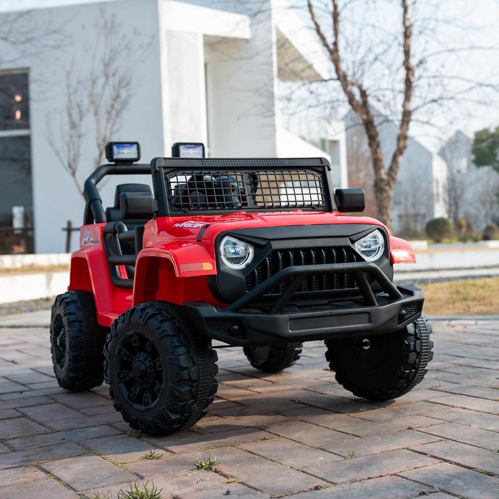 12V 7AH Ride-On Truck Jeep, Kids Electric Car with Parent Remote Control, Spring Suspension, LED Lights, Bluetooth, Music, Red
