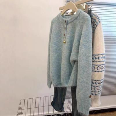 Blue Soft Waxy Loose Crew Neck Sweater for Small Women, Thickened Inside, Can Be Worn Outside In Autumn and Winter, Bottom High-end Top