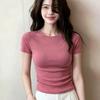 Crew Neck Front Shoulder Short Sleeve T-Shirt Women's Summer Rose Pink Slim Skinny Korean Wear Dopamine Reducing Top