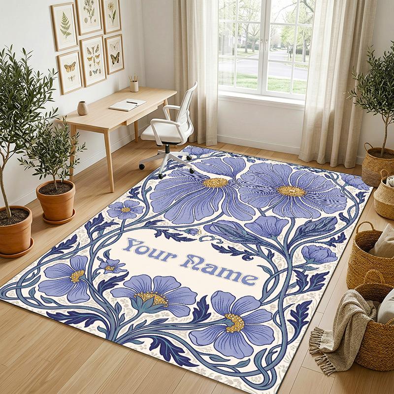Floral Art Nouveau Theme Soft Crystal Velvet Rug Custom Name & Text Print Non Slip Floor Rug for Bedroom Living Room