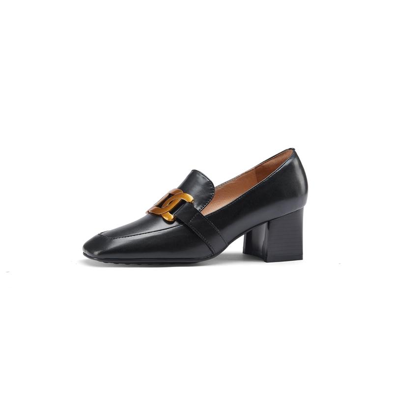 Fashion Women's New Spring and Autumn Metal Fasteners Square Head Genuine Leather Cowhide High Heel Large Size Single Shoes