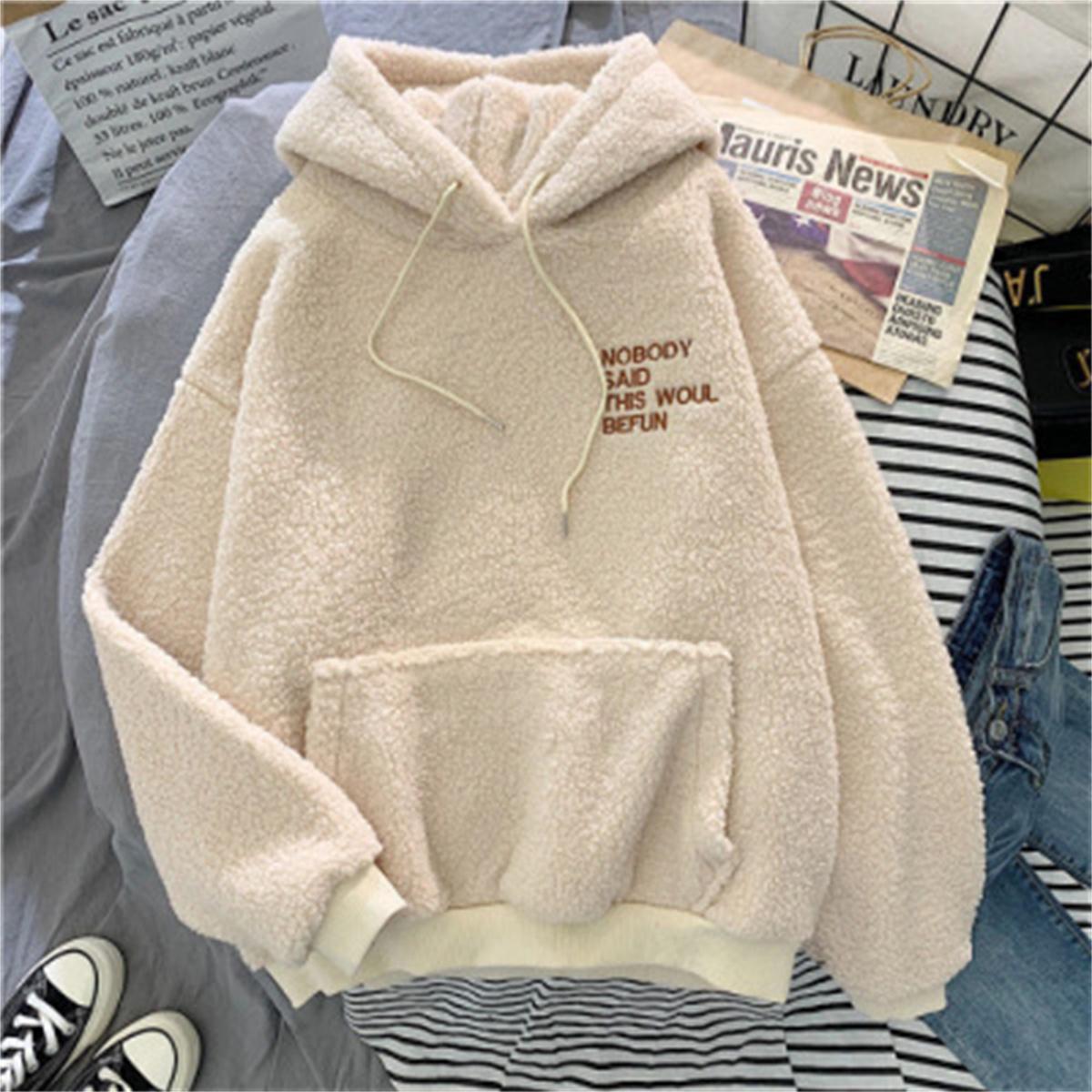 

Autumn Winter Fashion Hooded Sweatshirt Women Loose Tops Long Sleeve Warm Outfit Hoodie Lady Casual Street S абрикосовый