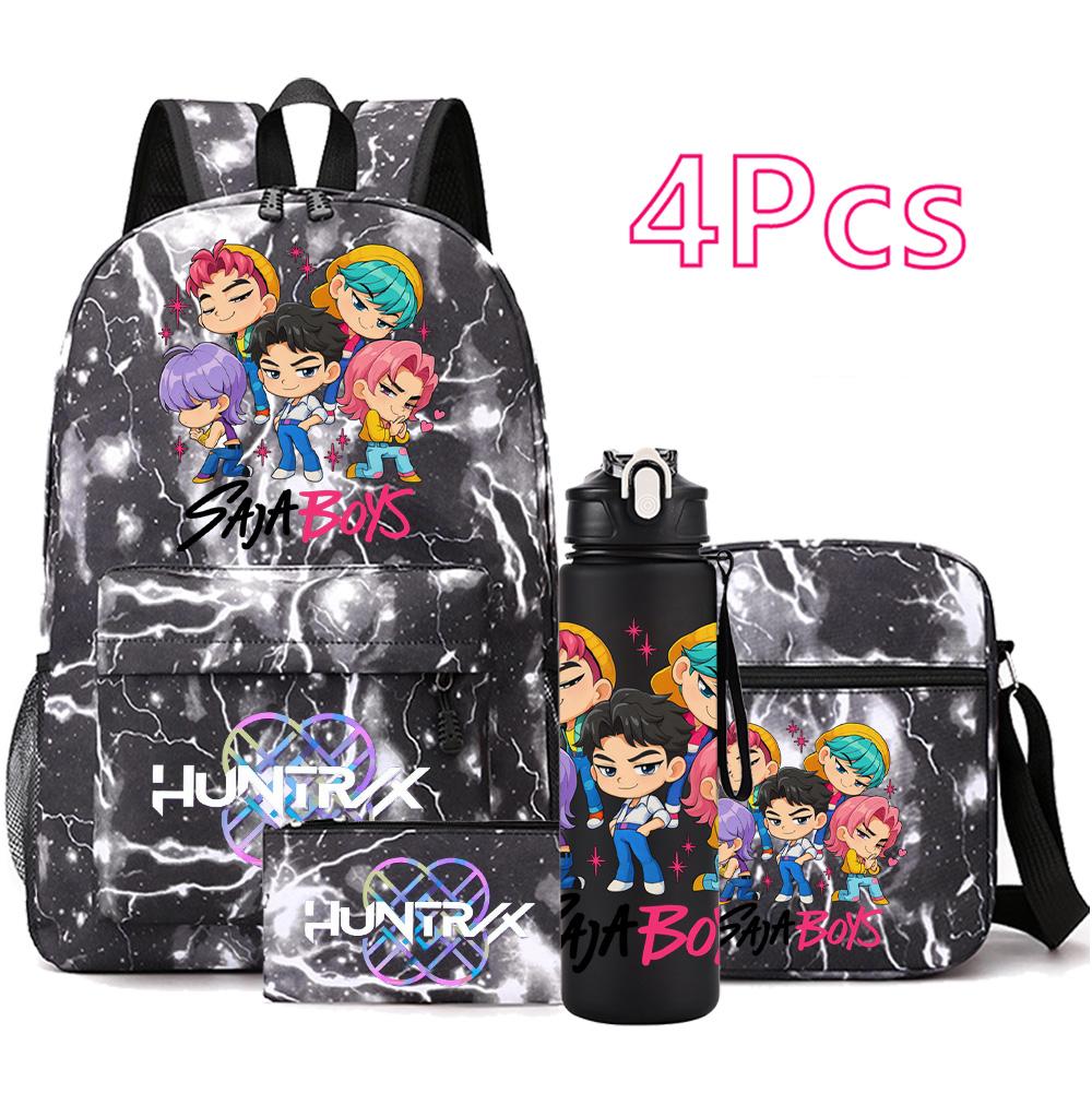 4-teiliges/Set Anime Niedlich K-Pop Bedruckter Rucksack mit 750 ml Wasserflasche für Teenager Schüler Mädchen Junge Schultasche Kindergeschenk Große Kapazität Reisetasche Mochila