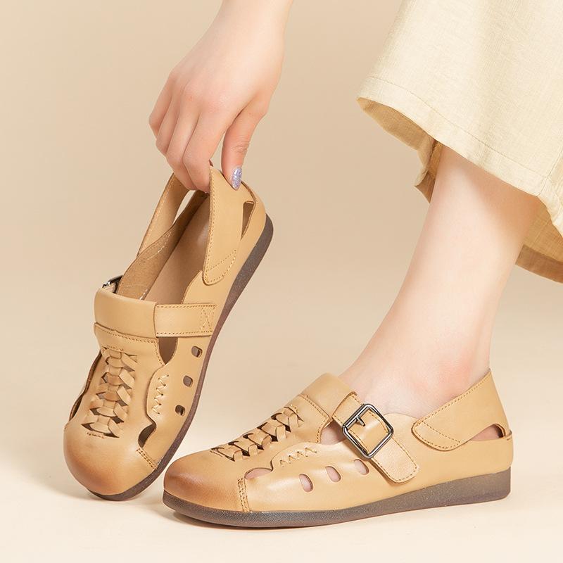 Johnature Flat Heel Soft Soled Sandals Hollow-out Breathable Genuine Leather Retro Hole Women's Shoes